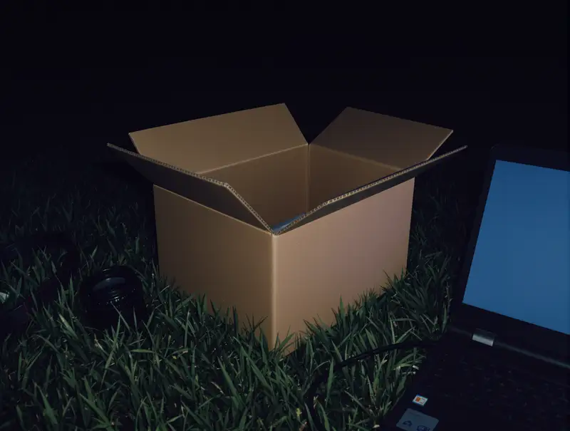 An open cardboard box and a camera lens on the grass at night.