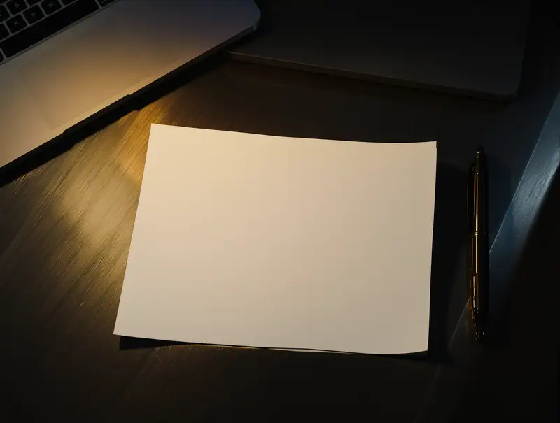 A blank sheet of paper and a pen on a folding table, lit from one side by a laptop screen.